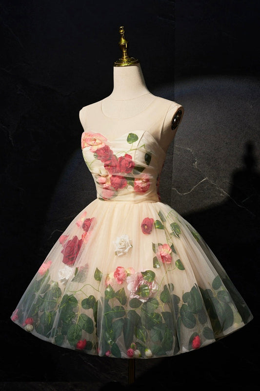 Cute Scoop Neck Short Prom Dress with Flowers, Champagne  A-Line Party Dress
