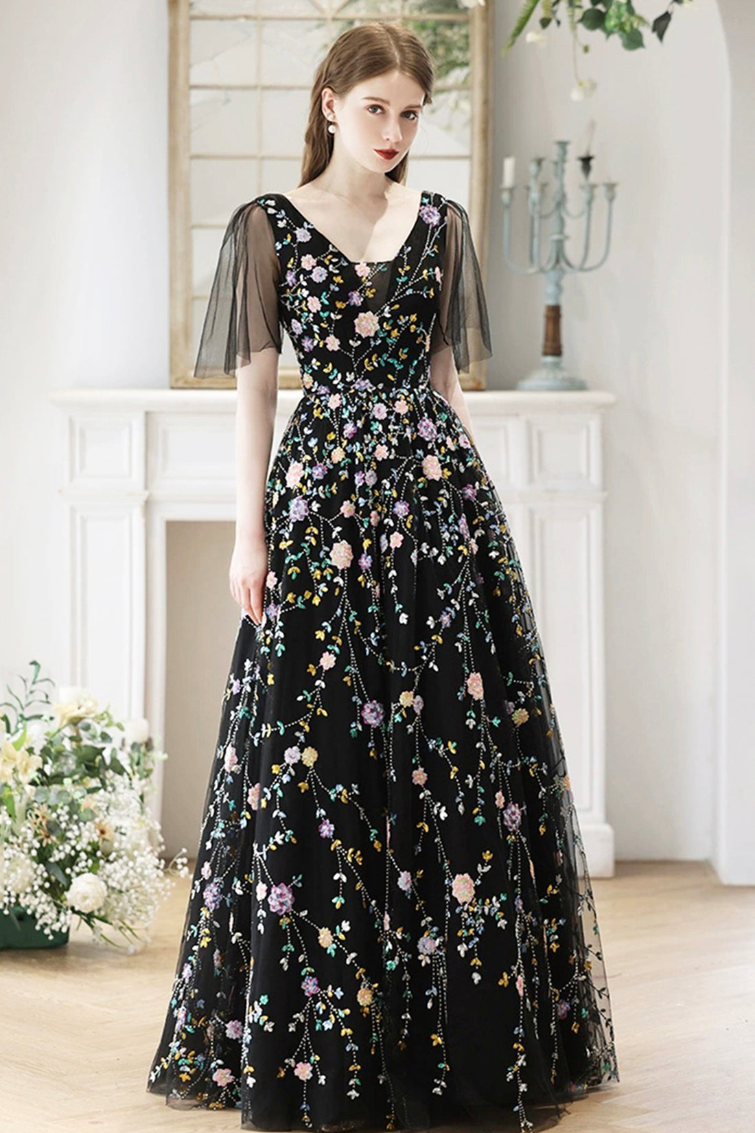 Black V-Neck Tulle Sequins Long Prom Dress, Black A-Line Formal Evening Dress