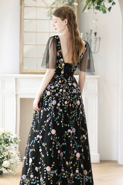 Black V-Neck Tulle Sequins Long Prom Dress, Black A-Line Formal Evening Dress
