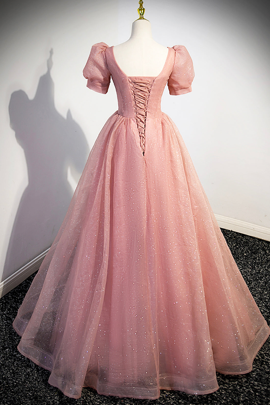 Beautiful Pink Tulle Floor Length Prom Dress, Cute Short Sleeve Evening Dress
