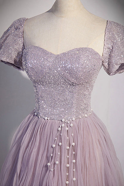 Purple Tulle Long A-Line Prom Dress, Purple Short Sleeve Evening Party Dress