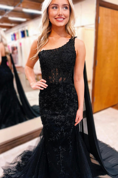 Black One Shoulder Lace Long Prom Dress, Mermaid Tulle Evening Party Dress