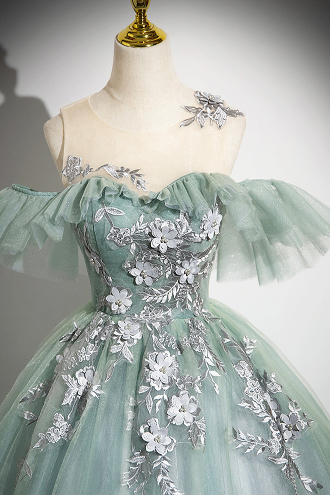 Cute Scoop Neckline Tulle Long Prom Dress with Lace, A-Line Off the Shoulder Evening Party Dress
