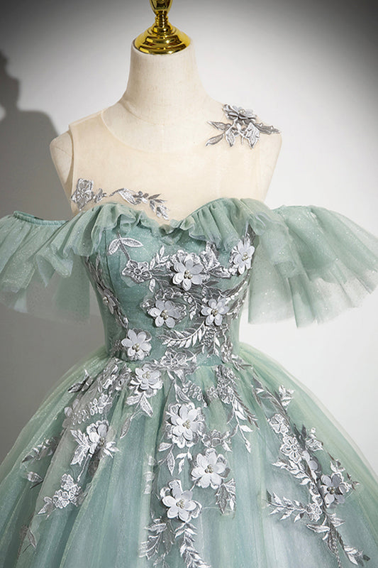 Cute Scoop Neckline Tulle Long Prom Dress with Lace, A-Line Off the Shoulder Evening Party Dress
