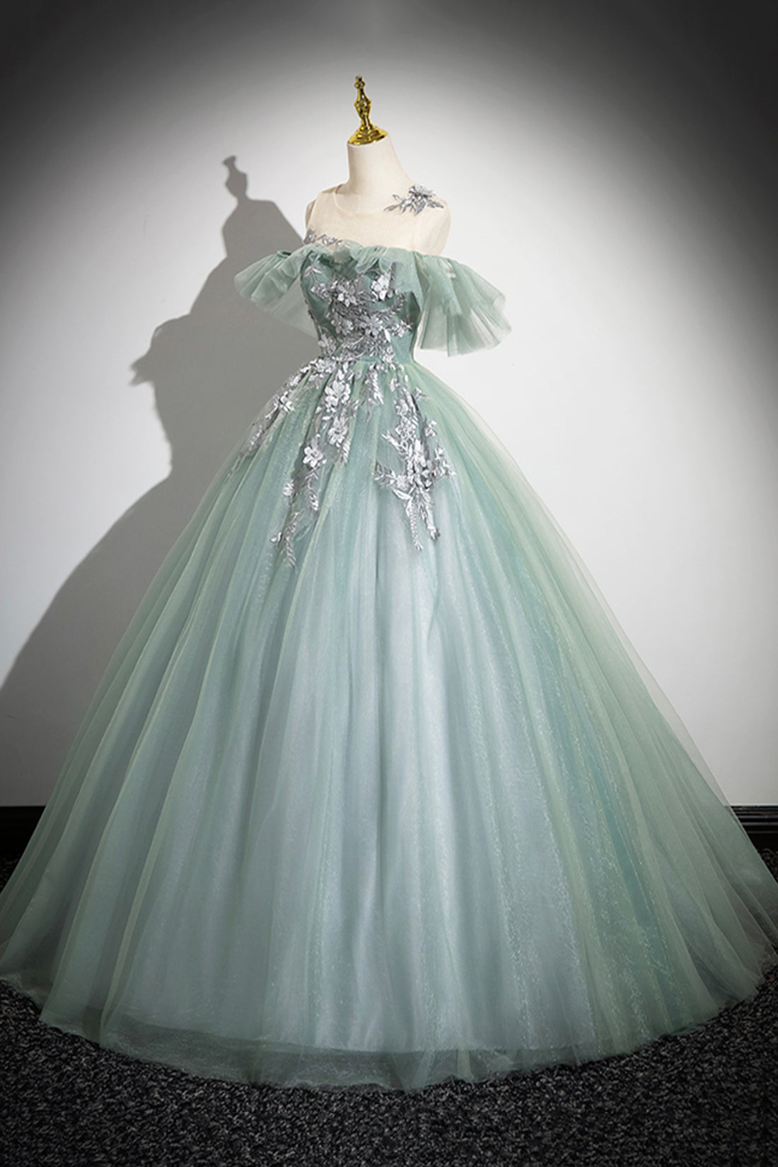 Cute Scoop Neckline Tulle Long Prom Dress with Lace, A-Line Off the Shoulder Evening Party Dress