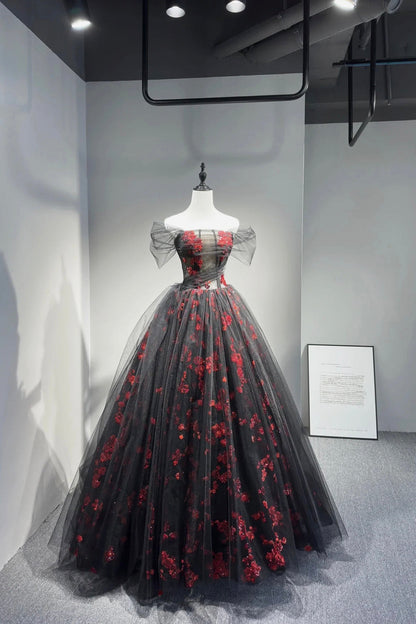 Black Tulle and Red Sequins Long Prom Dress, Off the Shoulder Evening Party Dress
