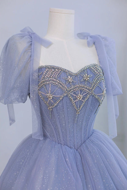 Blue Tulle Beaded Long Prom Dress, Beautiful A-line Blue Evening Party Dress