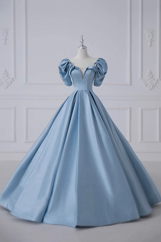 Blue Satin Long A-Line Prom Dress, Beautiful A-Line Short Sleeve Evening Dress