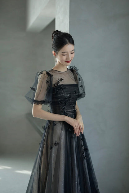 Black Tulle Sequins Long Prom Dress, Lovely A-Line Evening Party Dress