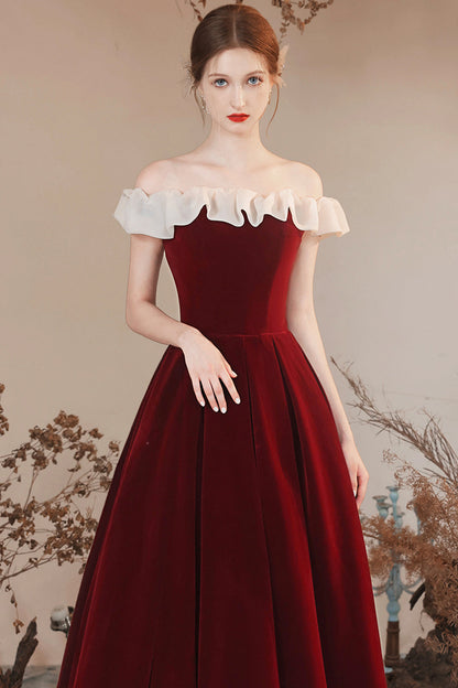 Burgundy Velvet Off Shoulder Long Prom Dress, Burgundy A Line Evening Dress