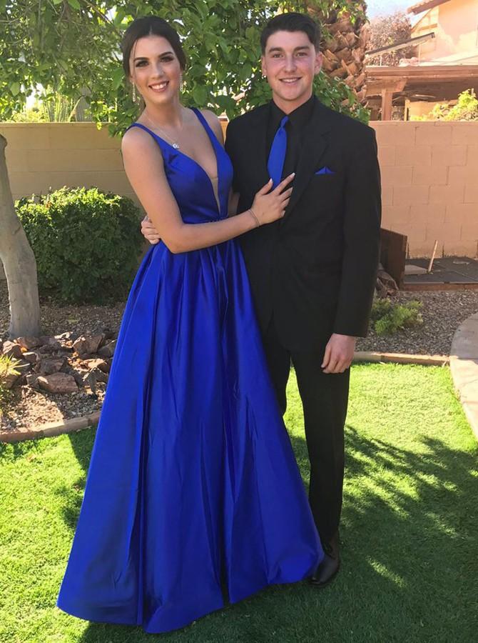 Vestidos de fiesta largos azul real con escote en V y corte A