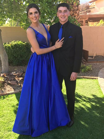 Vestidos de fiesta largos azul real con escote en V y corte A