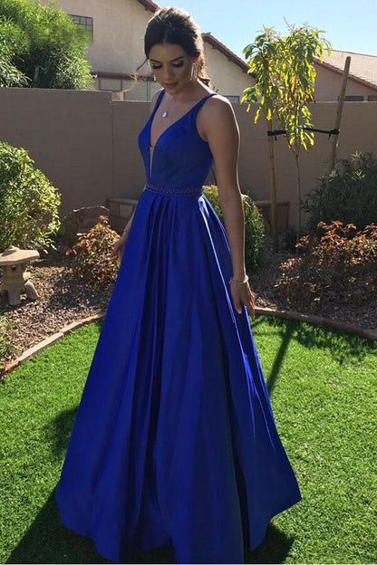 Vestidos de fiesta largos azul real con escote en V y corte A