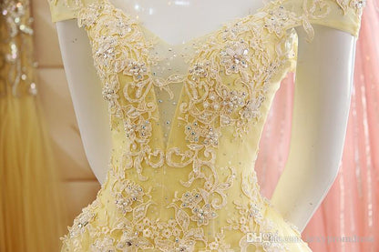 Yellow Tulle Off The Shoulder Lace Prom Dress SA1608