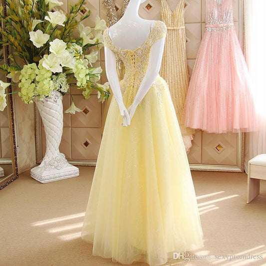 Yellow Tulle Off The Shoulder Lace Prom Dress SA1608