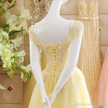 Yellow Tulle Off The Shoulder Lace Prom Dress SA1608