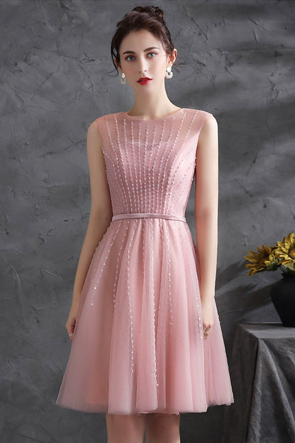 Pink Scoop Tulle Short Prom Dress with Beaded, Pink Knee Length Party Dress