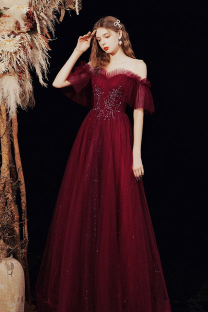 Burgundy Shiny Tulle Long A-Line Prom Dress, Off the Shoulder Party Dress