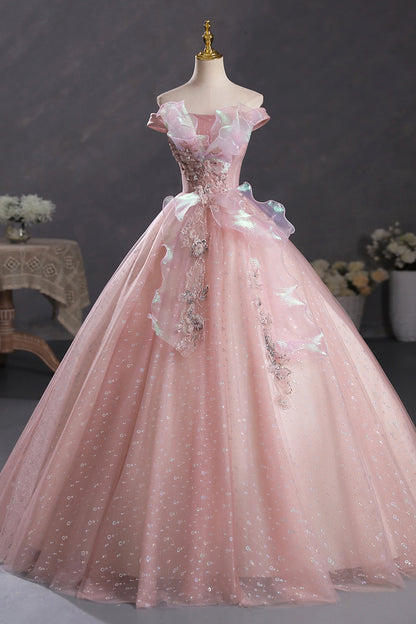 Pink Tulle Long A-Line Prom Dress with Lace, Beautiful Off Shoulder Sweet 16 Dress