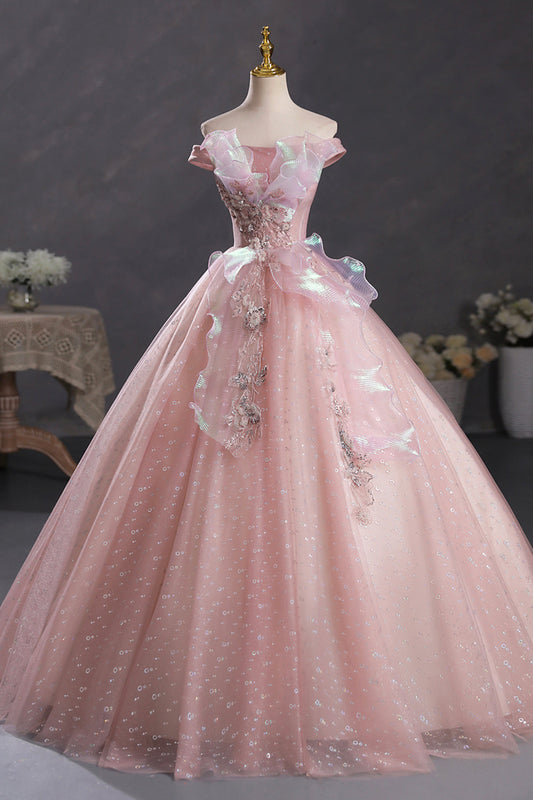 Pink Tulle Long A-Line Prom Dress with Lace, Beautiful Off Shoulder Sweet 16 Dress