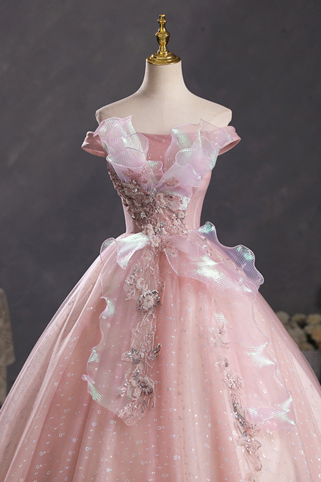 Pink Tulle Long A-Line Prom Dress with Lace, Beautiful Off Shoulder Sweet 16 Dress