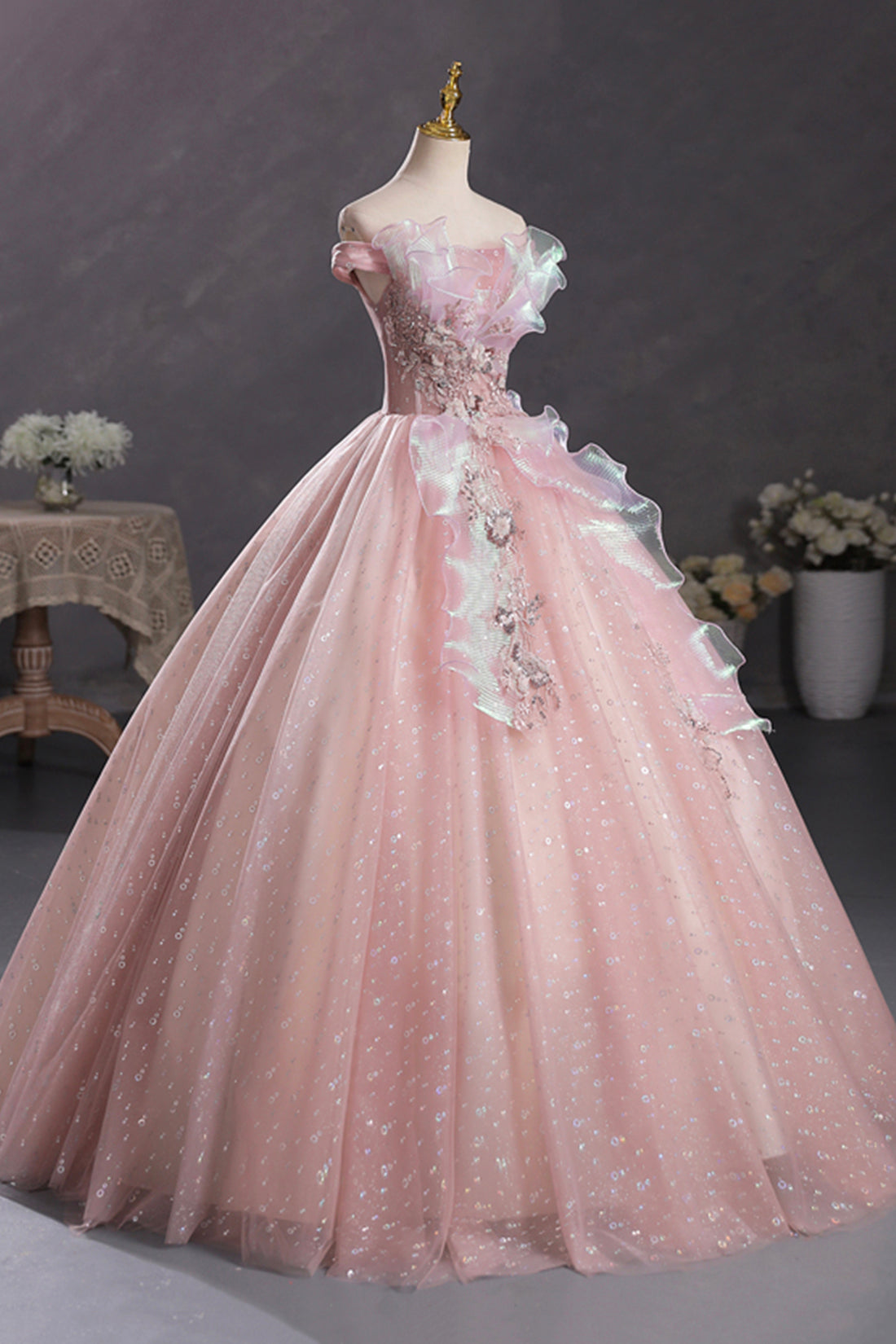Pink Tulle Long A-Line Prom Dress with Lace, Beautiful Off Shoulder Sweet 16 Dress