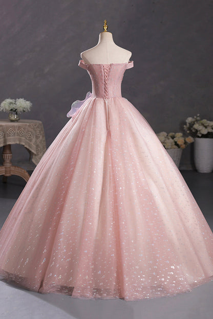 Pink Tulle Long A-Line Prom Dress with Lace, Beautiful Off Shoulder Sweet 16 Dress