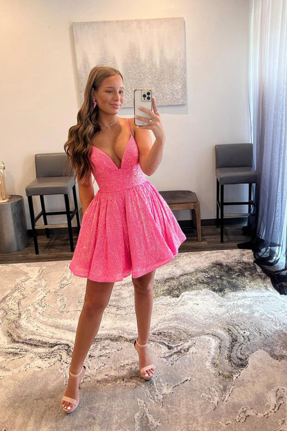 Pink V-Neck Sequins Short Prom Dress, Cute A-Line Homecoming Dress