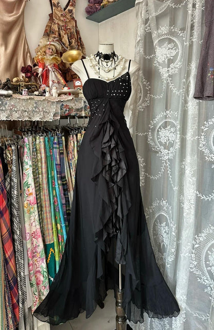 Vestidos de fiesta largos vintage de gasa negra con tirantes finos