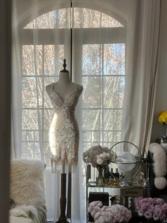 Vintage Beige Sequin Beading Appliques Spaghetti Strap A-line V-neck Party Dresses Homecoming Dresses, TP3782