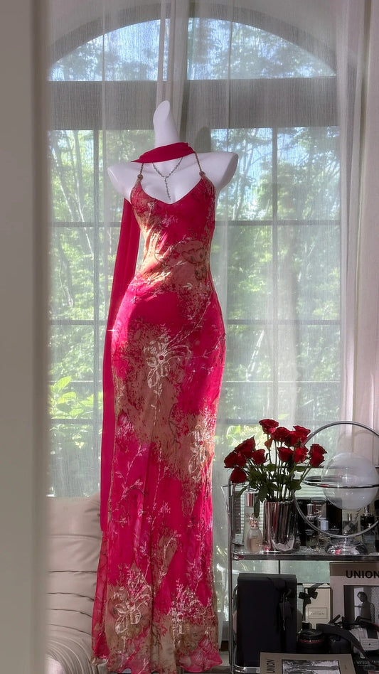 shopuniqlos-Pink floral vintage dress long chiffon Prom Dress evening dress graduation dress party dress gh5242