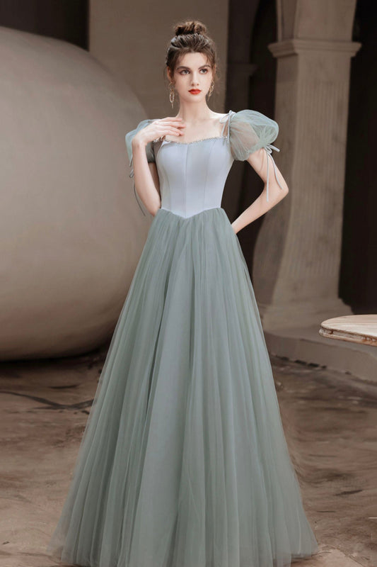 Green A-Line Tulle Long Prom Dress, Green Graduation Party Dress