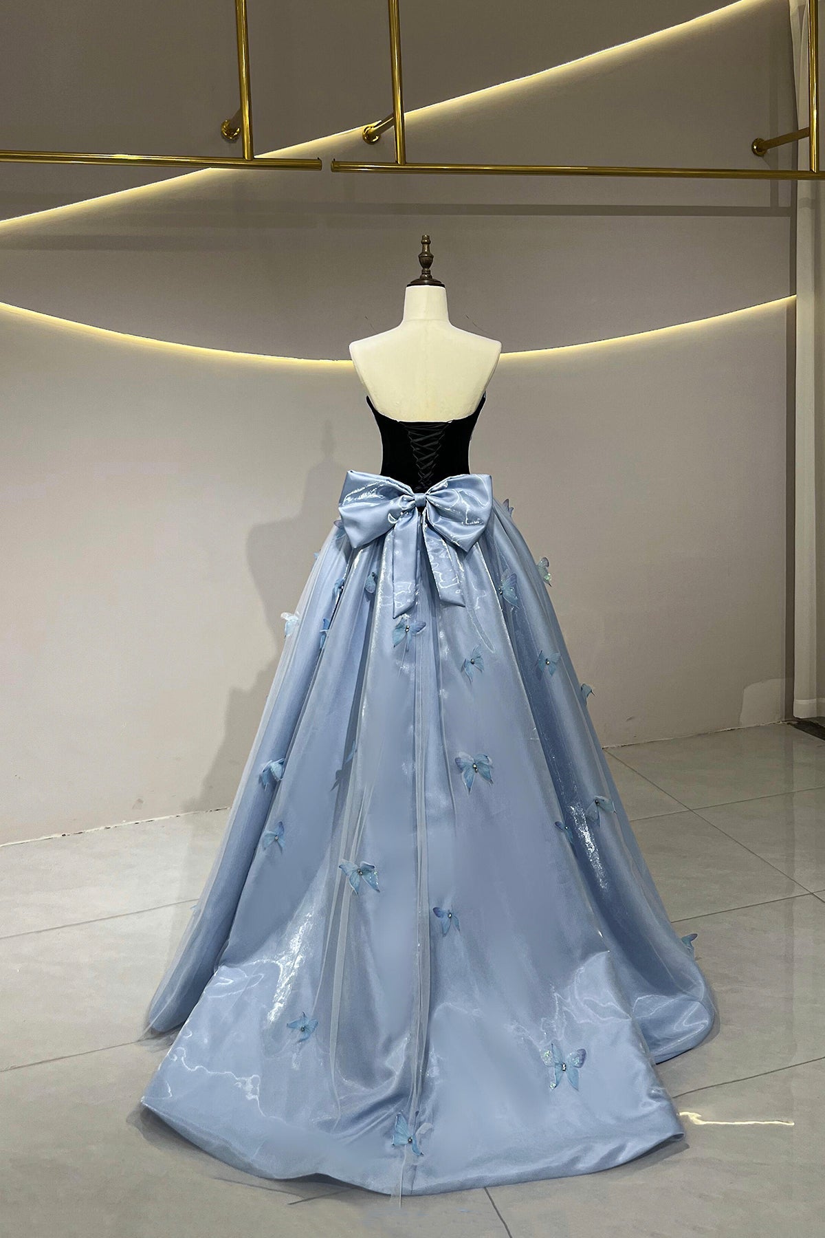 Black Velvet and Blue Satin Long Prom Dress, A-Line Strapless Party Dress