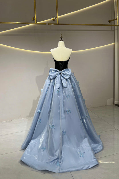 Black Velvet and Blue Satin Long Prom Dress, A-Line Strapless Party Dress