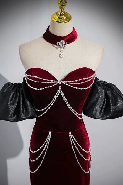 Burgundy Velvet Long Prom Dress, Mermaid Strapless Evening Party Dress