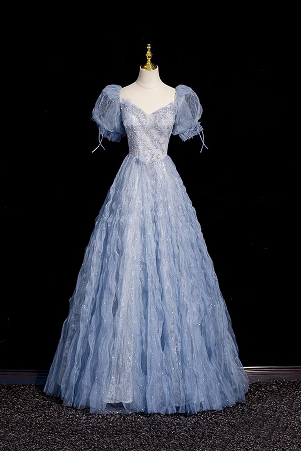 Blue Tulle Beads Long Prom Dress, A-Line Short Sleeve Evening Party Dress