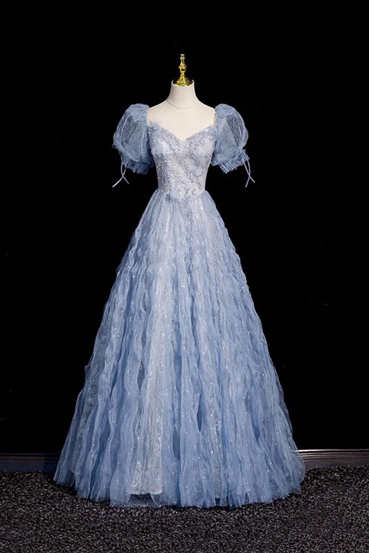 Blue Tulle Beads Long Prom Dress, A-Line Short Sleeve Evening Party Dress