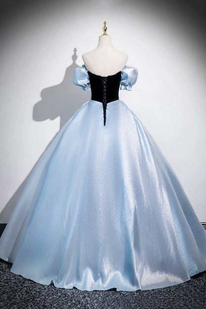 Black Velvet and Blue Satin Long Prom Dress, A-Line Off the Shoulder Evening Dress