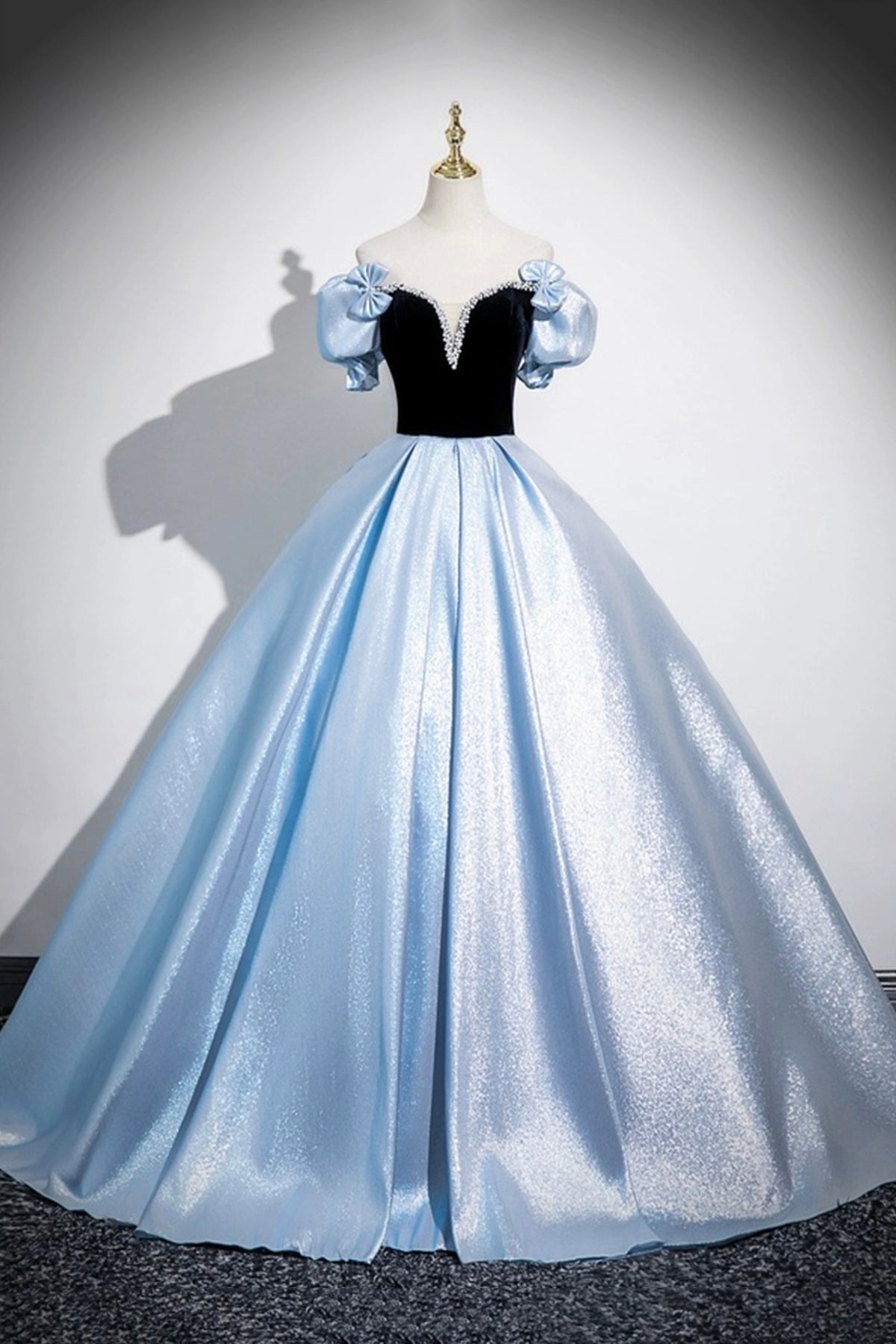 Black Velvet and Blue Satin Long Prom Dress, A-Line Off the Shoulder Evening Dress