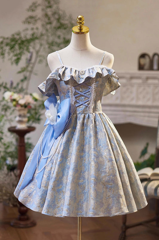 Blue Floral Pattern Short Prom Dress, A-Line Off the Shoulder Party Dress