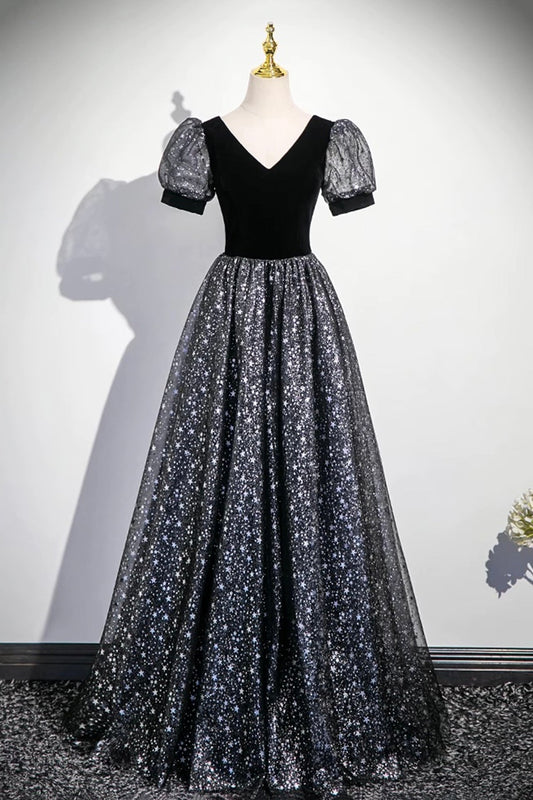 Black V-Neck Velvet Tulle Long Prom Dress, A-Line Short Sleeve Evening Dress