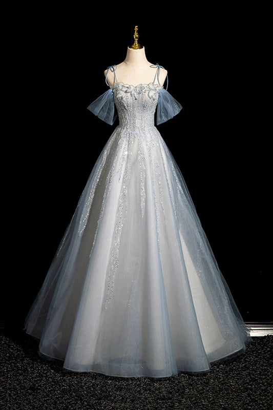 Blue Tulle Sequins Long Prom Dress, Shiny A-Line Party Dress