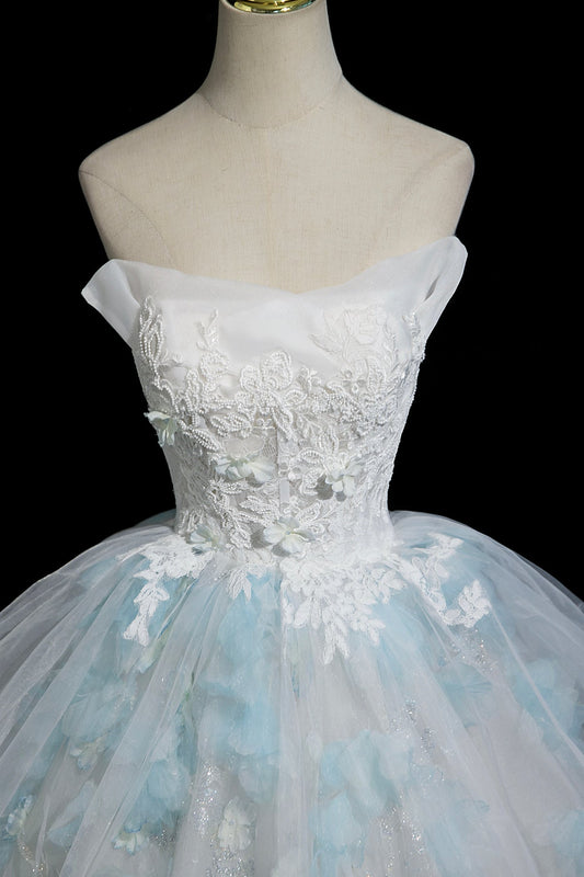 Beautiful Blue Glitter Lace Flower Prom Dress, A-Line Strapless Evening Party Dress