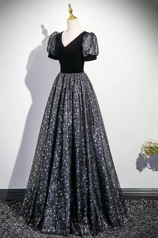 Black V-Neck Velvet Tulle Long Prom Dress, A-Line Short Sleeve Evening Dress