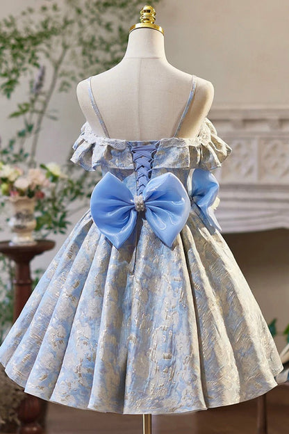 Blue Floral Pattern Short Prom Dress, A-Line Off the Shoulder Party Dress