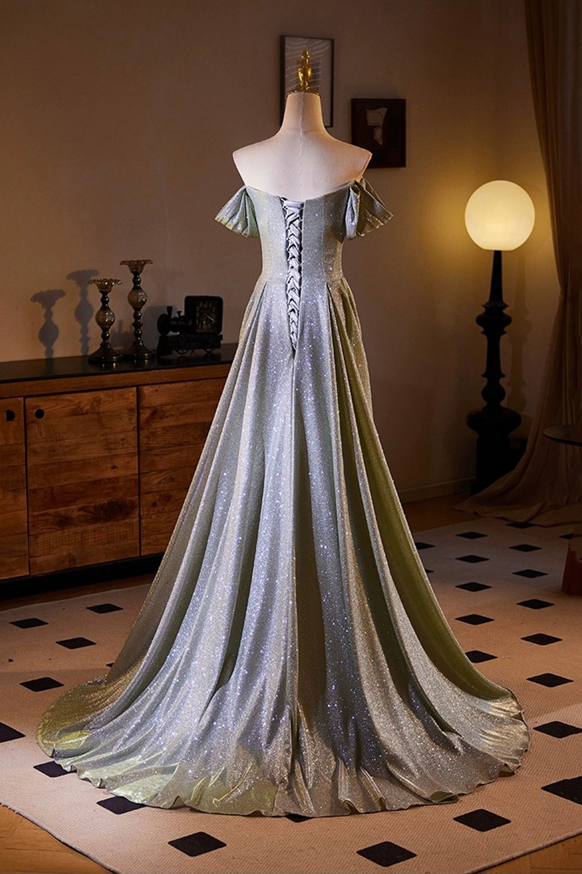 Sparkly Gray Sequins Split Front Prom Dress, Off the Shoulder Sweep Train Formal Dress