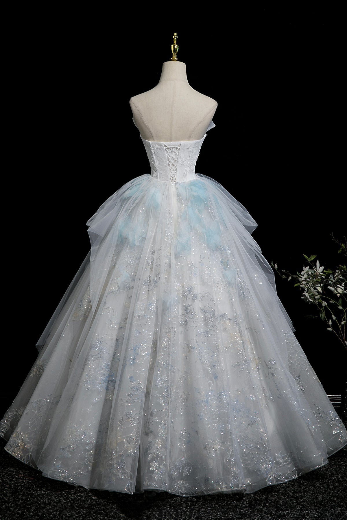 Beautiful Blue Glitter Lace Flower Prom Dress, A-Line Strapless Evening Party Dress
