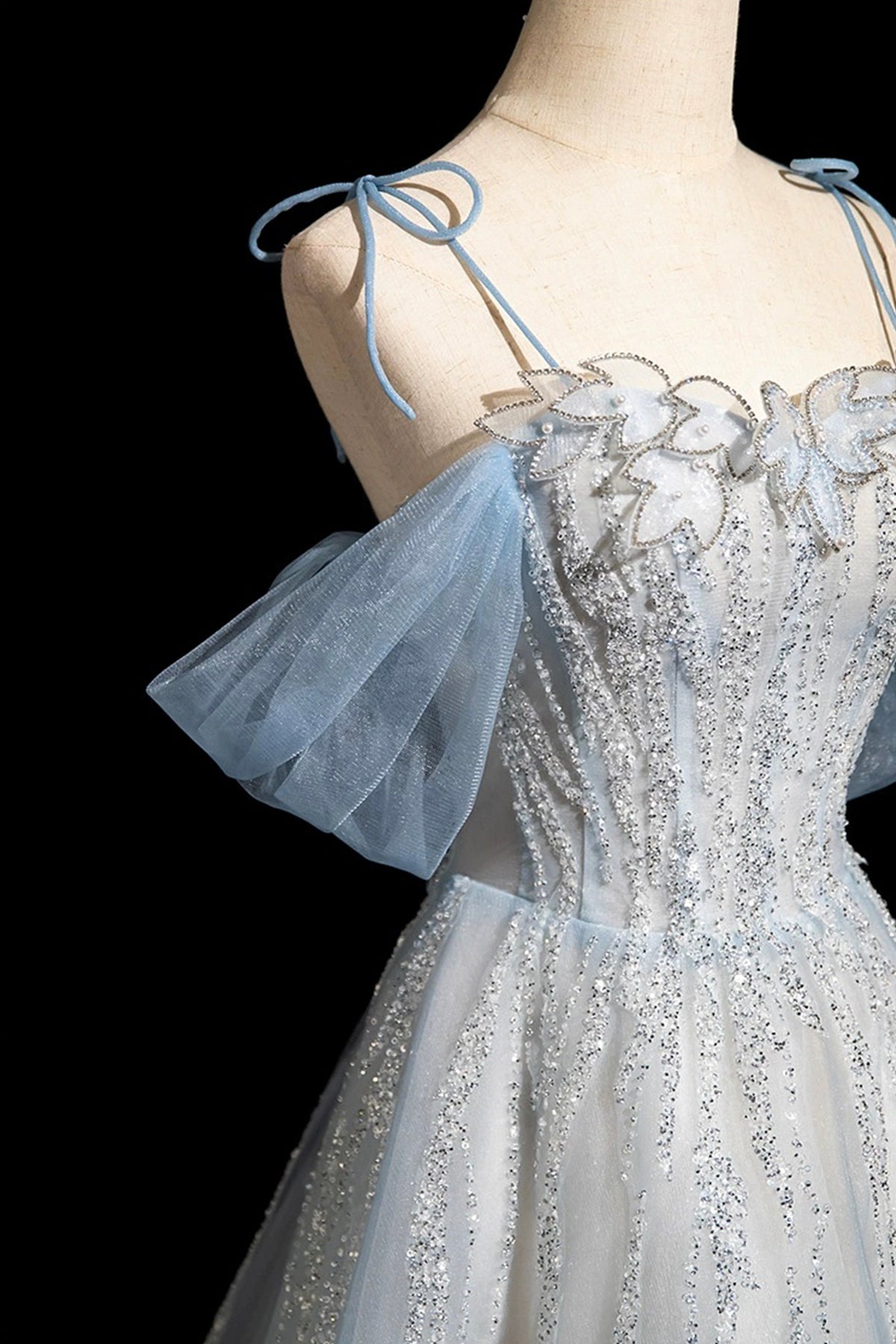 Blue Tulle Sequins Long Prom Dress, Shiny A-Line Party Dress