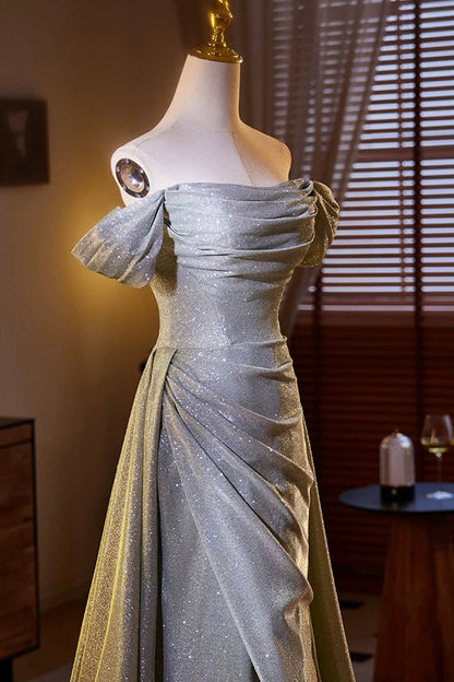 Sparkly Gray Sequins Split Front Prom Dress, Off the Shoulder Sweep Train Formal Dress