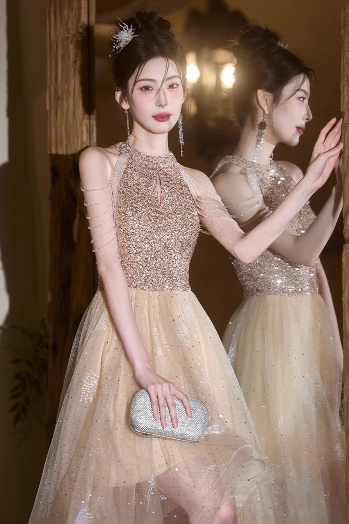 Champagne Tulle Beads Short Party Dress, A-Line High Low Prom Homecoming Dress